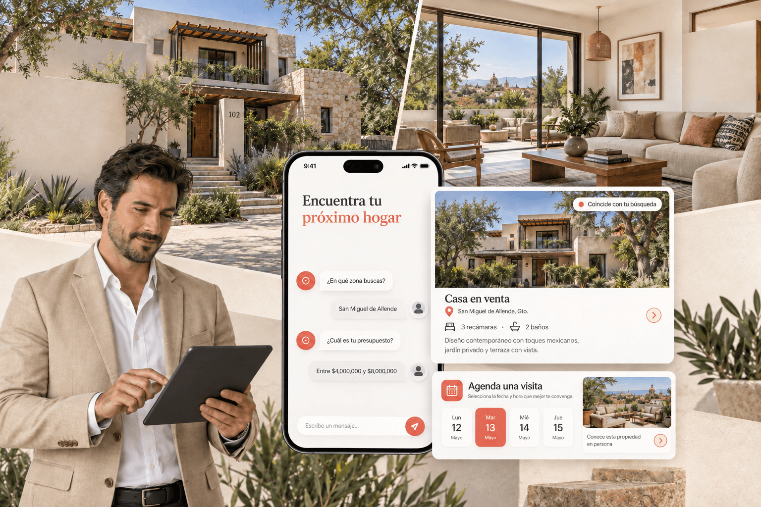 Asesor inmobiliario, búsqueda de propiedades por zona y presupuesto y agenda de visitas